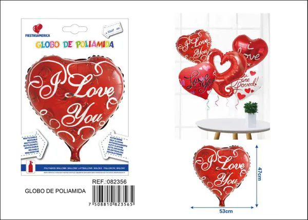 Globo metálico de corazón con rosas, 53x47 cm
