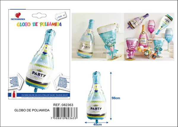 Globo metálico de botella de vino con rosas, color azul, 40x98 cm