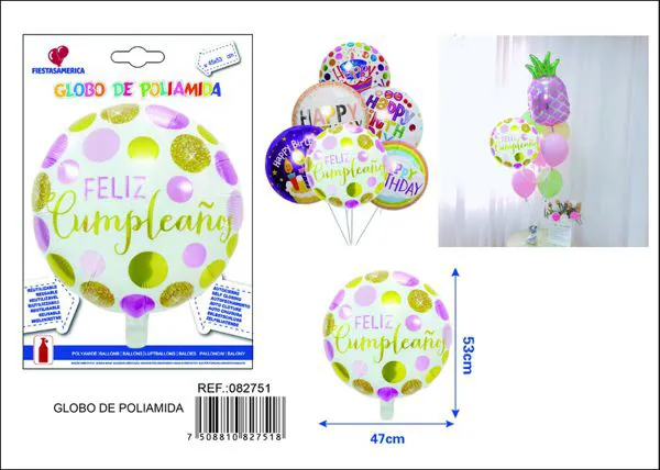 Globo metálico redondo estampado Feliz Cumpleaños en español, 45x53 cm