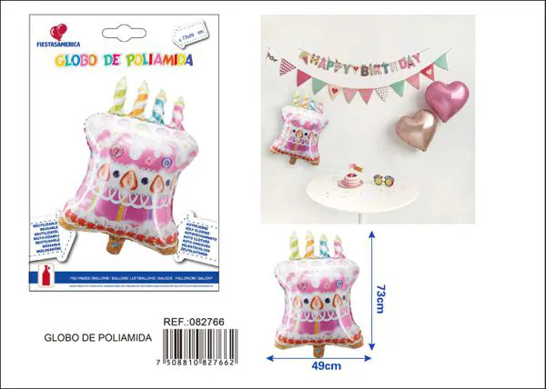 Globo metálico de pastel con velas, estampado color rosa fresa, 73x49 cm