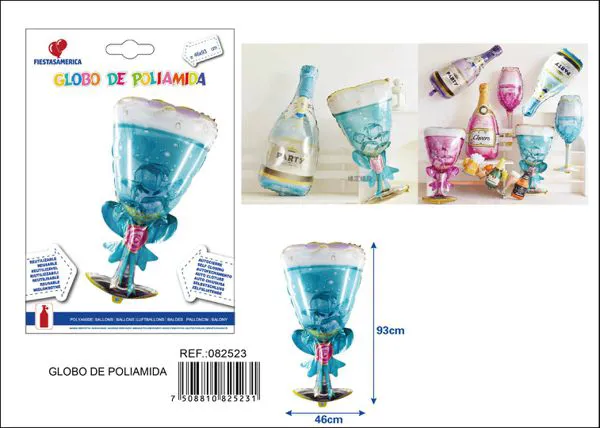 Globo metálico de copa de vino con rosas, color azul, 46x93 cm