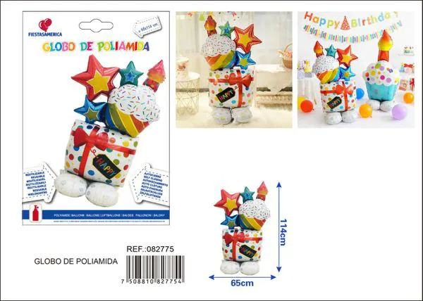 Globo metálico de caja de cumpleaños 3D con base, 65x114 cm (inflado)