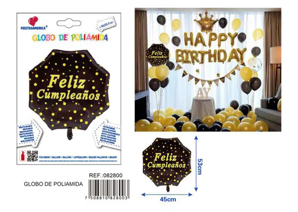 Globo metálico octagonal negro con estampado dorado "Feliz Cumpleaños" en español, 64x53.5 cm