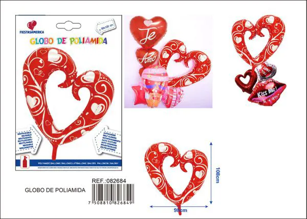 Globo metálico de corazones entrelazados estampado, rojo, 98x108 cm