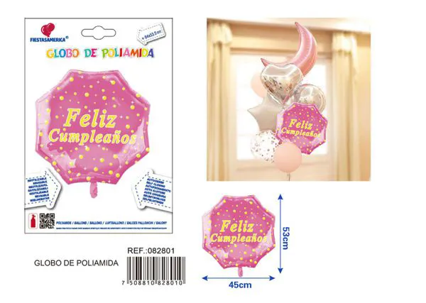 Globo metálico octagonal rosa con estampado dorado "Feliz Cumpleaños" en español, 64x53.5 cm