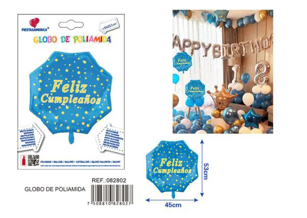 Globo metálico octagonal azul con estampado dorado "Feliz Cumpleaños" en español, 64x53.5 cm