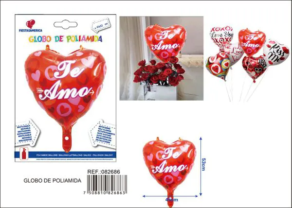 Globo metálico de corazón estampado "Te Amo" en español, 45x53 cm