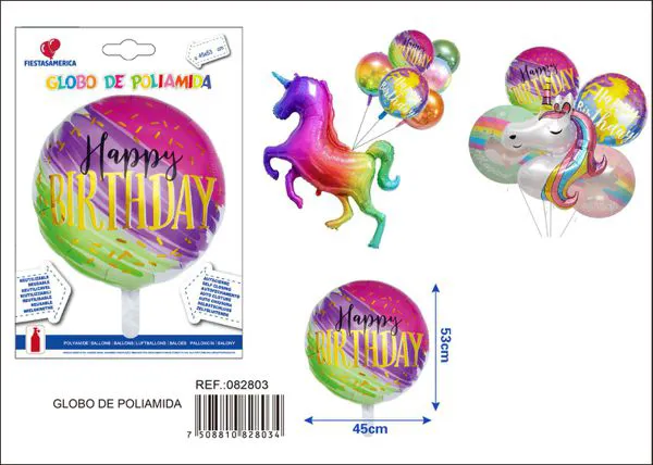 Globo metálico redondo acuarela "Feliz Cumpleaños", 45x53 cm