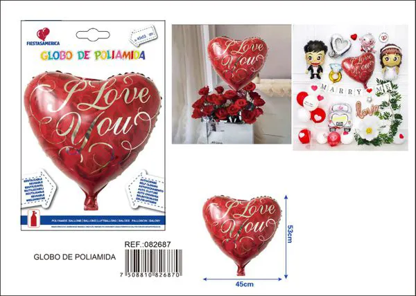 Globo metálico de corazón estampado "I Love You", 45x53 cm