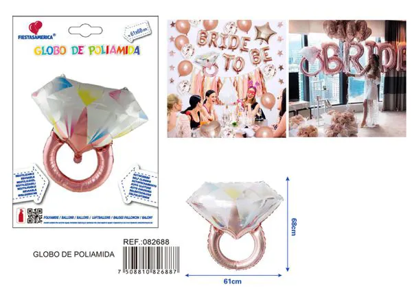 Globo metálico de anillo de diamante, oro rosa, 61x68 cm