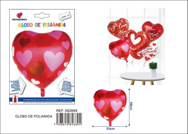 Globo metálico de corazón estampado, 53x58 cm