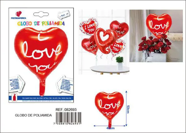 Globo metálico de corazón estampado "I Love You", rojo, 45x53 cm
