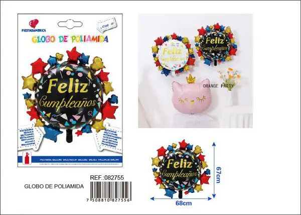 Globo metálico redondo de forma especial estampado "Feliz Cumpleaños" en español, negro y dorado, 67x68 cm