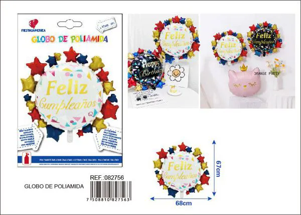 Globo metálico redondo de forma especial estampado "Feliz Cumpleaños" en español, blanco y dorado, 67x68 cm