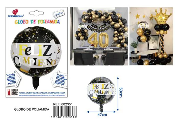 Globo metálico redondo "Feliz Cumpleaños" en español, 53x47 cm