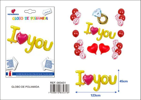 Globo metálico de letras conectadas "I Love You", 123 cm