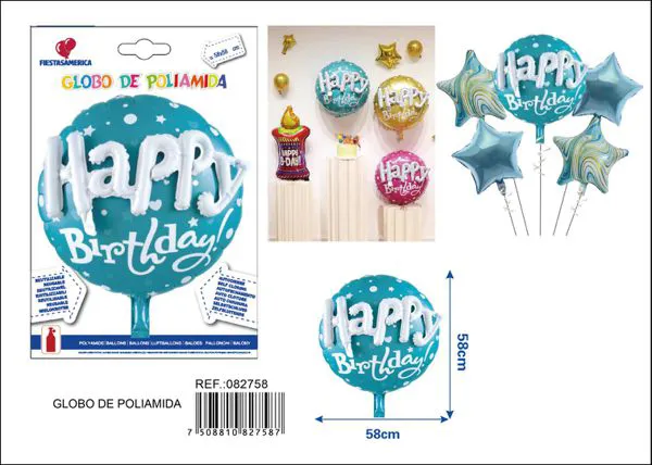 Globo metálico redondo ensamblado "Happy", azul, 58x58 cm