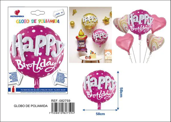 Globo metálico redondo ensamblado "Happy", rosa, 58x58 cm