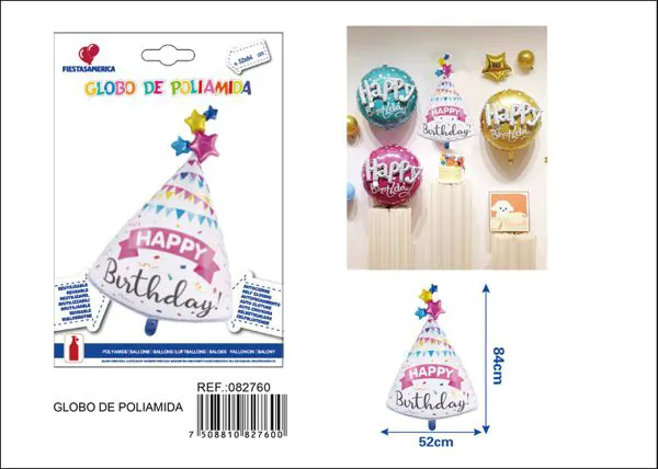 Globo metálico de gorro de cumpleaños, 52x84 cm