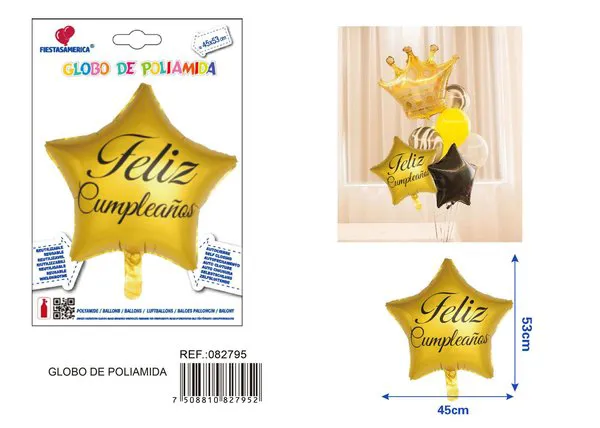 Globo metálico de estrella de cinco puntas, dorado con estampado negro "Feliz Cumpleaños" en español, 45x53 cm