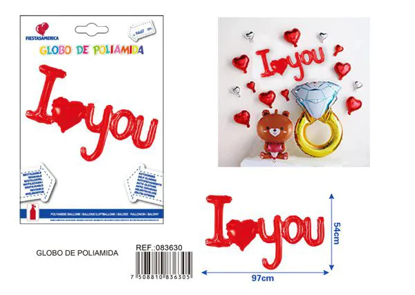 Globo metálico "I [corazón] You", rojo, 54x97 cm