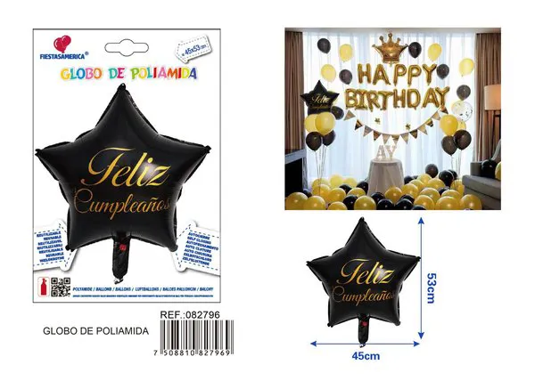 Globo metálico de estrella de cinco puntas, negro con estampado dorado "Feliz Cumpleaños" en español, 45x53 cm