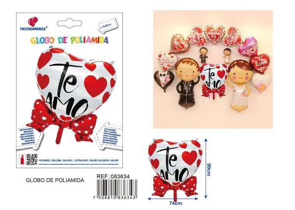 Globo metálico de corazón con moño, rojo, estampado "Te Amo", 74x90 cm