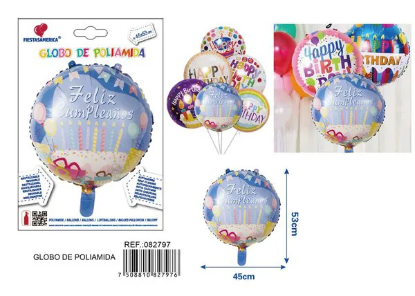 Globo metálico redondo azul estampado con velas "Feliz Cumpleaños" en español, 45x53 cm