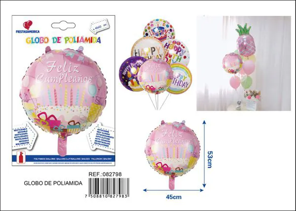Globo metálico redondo rosa estampado con velas "Feliz Cumpleaños" en español, 45x53 cm