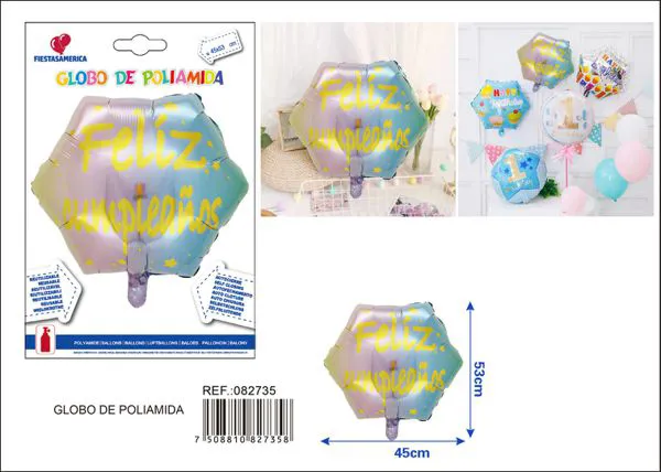 Globo metálico hexagonal degradado rosa y azul, estampado "Feliz Cumpleaños" en español