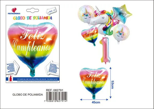 Globo metálico de corazón degradado estampado "Feliz Cumpleaños" en español, 45x53 cm