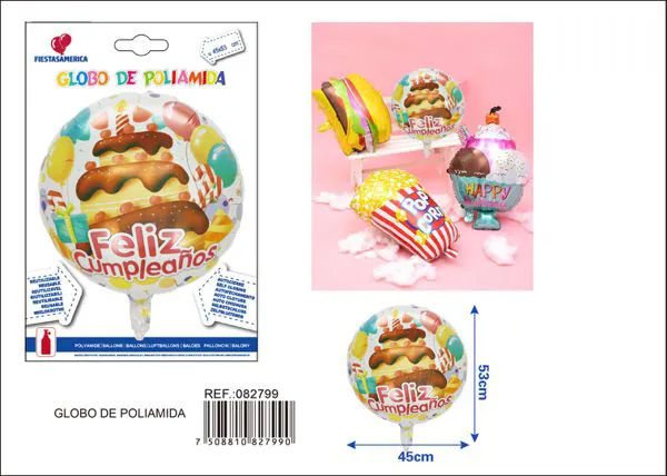 Globo metálico redondo estampado "Feliz Cumpleaños" en español con pastel de algodón, 45x53 cm