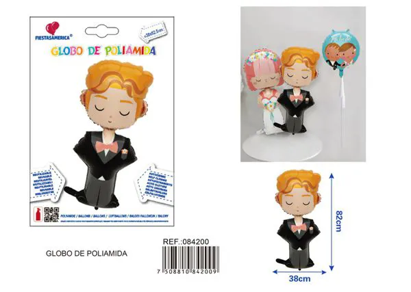 Globo metálico con figura de novio, 38x82.5 cm