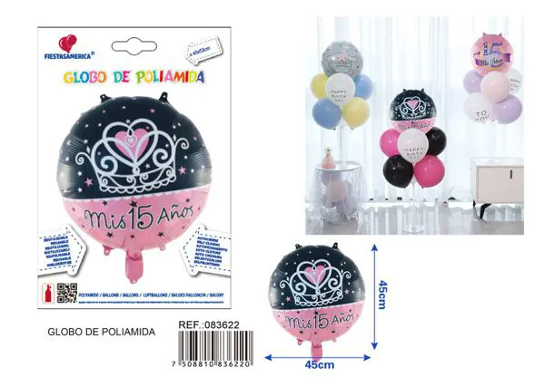 Globo metálico redondo con corona "15 años" en español, 18 pulgadas, 45x53 cm