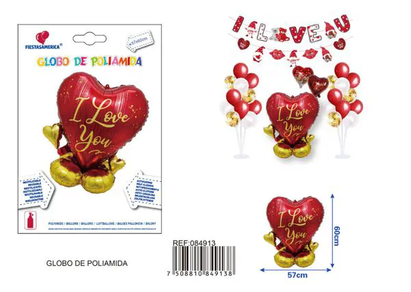 Globo metálico de corazones grande y pequeño de amor, de pie, 57x60 cm