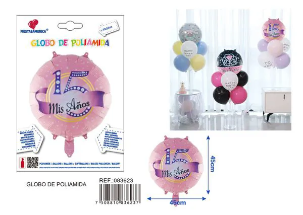 Globo metálico redondo con diamante "15 años" en español, 18 pulgadas, 45x53 cm