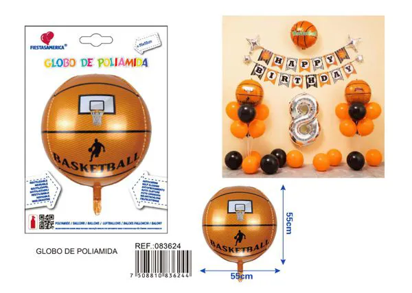 Globo metálico 4D de balón de baloncesto, 22 pulgadas