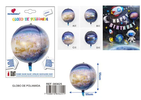 Globo metálico redondo 4D "Happy Birthday" en inglés con cielo estrellado, 22 pulgadas