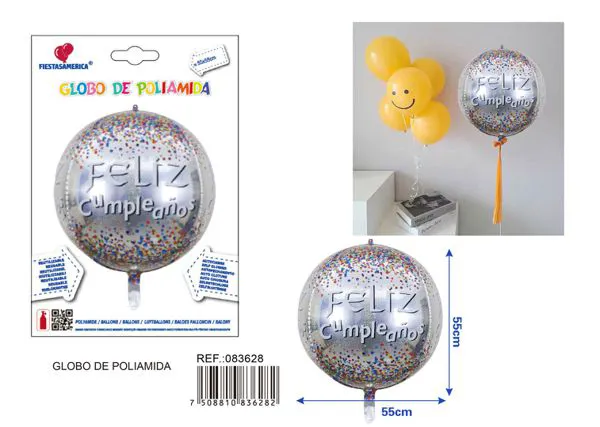 Globo metálico redondo 4D láser "Feliz Cumpleaños" en español con puntos de colores, 22 pulgadas