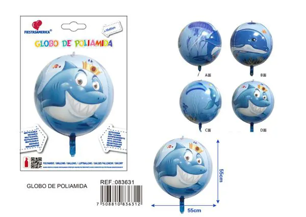 Globo metálico redondo 4D con estampado de ballena, 22 pulgadas