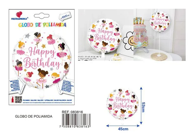 Globo metálico redondo de niña bailarina, cumpleaños, 18 pulgadas
