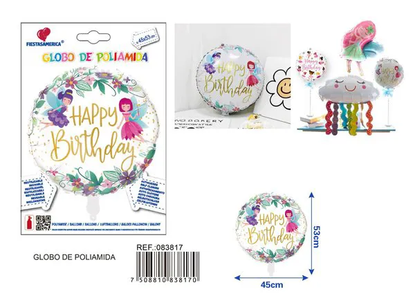 Globo metálico redondo de hada con flores, cumpleaños, 18 pulgadas