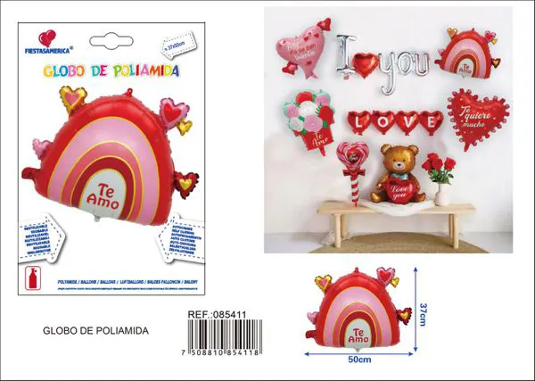 Globo metálico de corazón con arcoíris, temática de amor en español, 37x50 cm