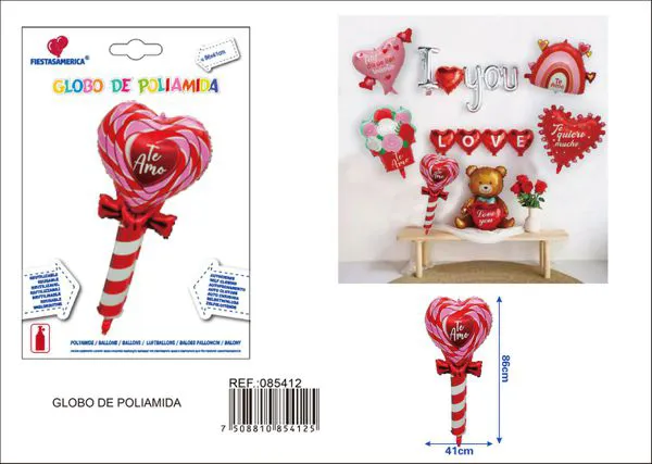 Globo metálico de paleta de corazón, temática de amor en español, 86x41 cm