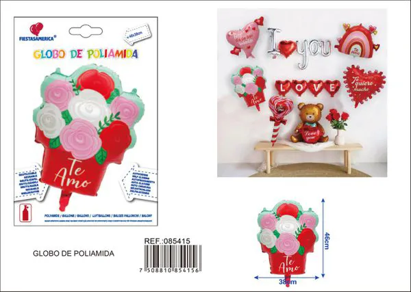 Globo metálico de ramo de flores de amor en español, 46x38 cm