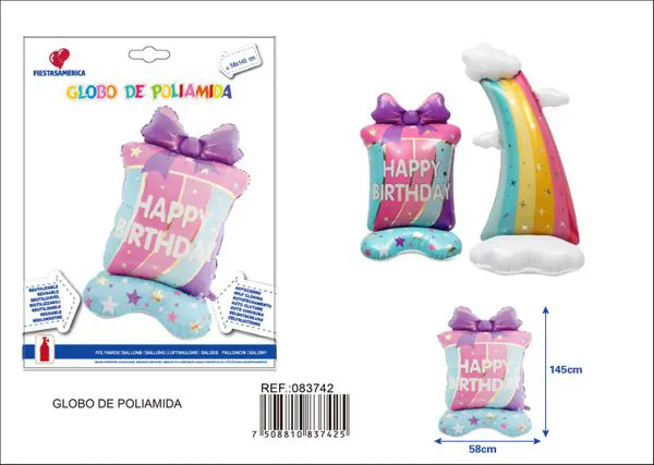 Globo metálico de caja de regalo con cinco estrellas de cumpleaños, de pie, 58 pulgadas (145 cm)