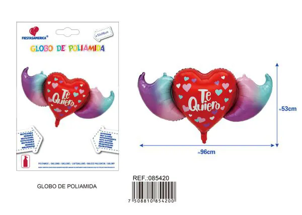 Globo metálico de corazón con alas, temática de amor en español, 53x96 cm