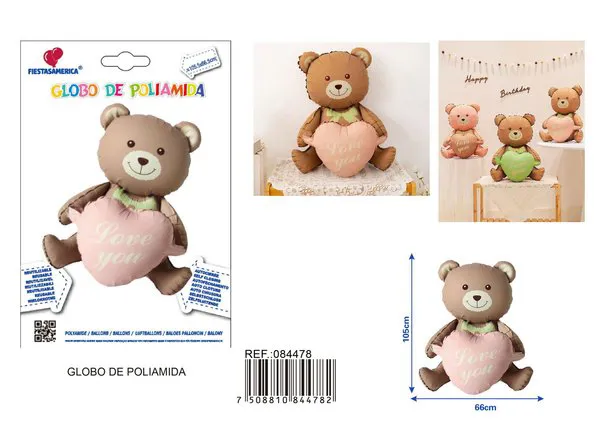 Globo metálico de oso estilo ins abrazando un corazón, 105.5x66.5 cm