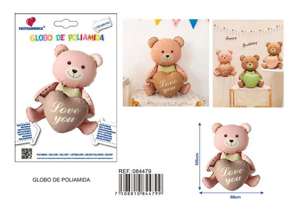 Globo metálico de oso estilo ins abrazando un corazón, 105.5x66.5 cm