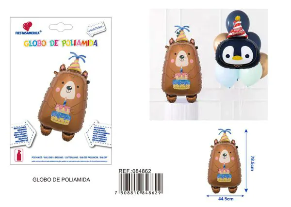 Globo metálico de oso de cumpleaños, 44.5x78.5 cm